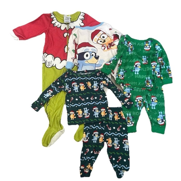 Lot Of 4 Baby Christmas Pajama Bluey The Grinch Footie 2 Piece Size 12 Months - Picture 1 of 6